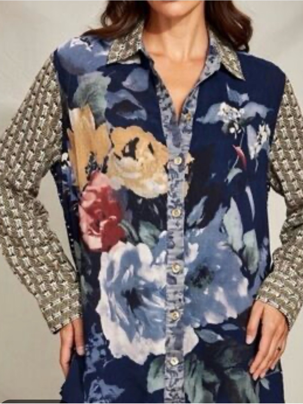 John Mark Tunic Top S Oversized Blouse Multicolor Mixed Prints Long Sleeve Boho